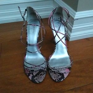 Guess by Marciano Pink and Black Snakeskin Strappy Heels